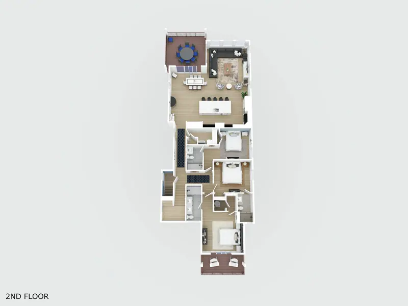 Second floor layout: open living, three king en-suites and two decks
