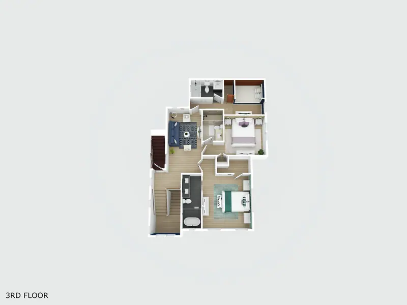 Upper level layout: two king en-suites, the full-over-full bunk room, three baths and a queen sleeper
