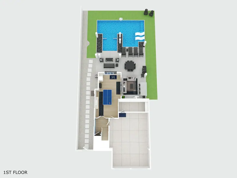 Aerial of the pool, patio dining, pizza oven, grill and game area