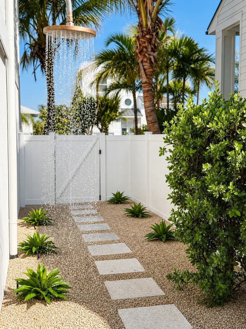 Private tropical outdoor shower with rainfall head and paver path